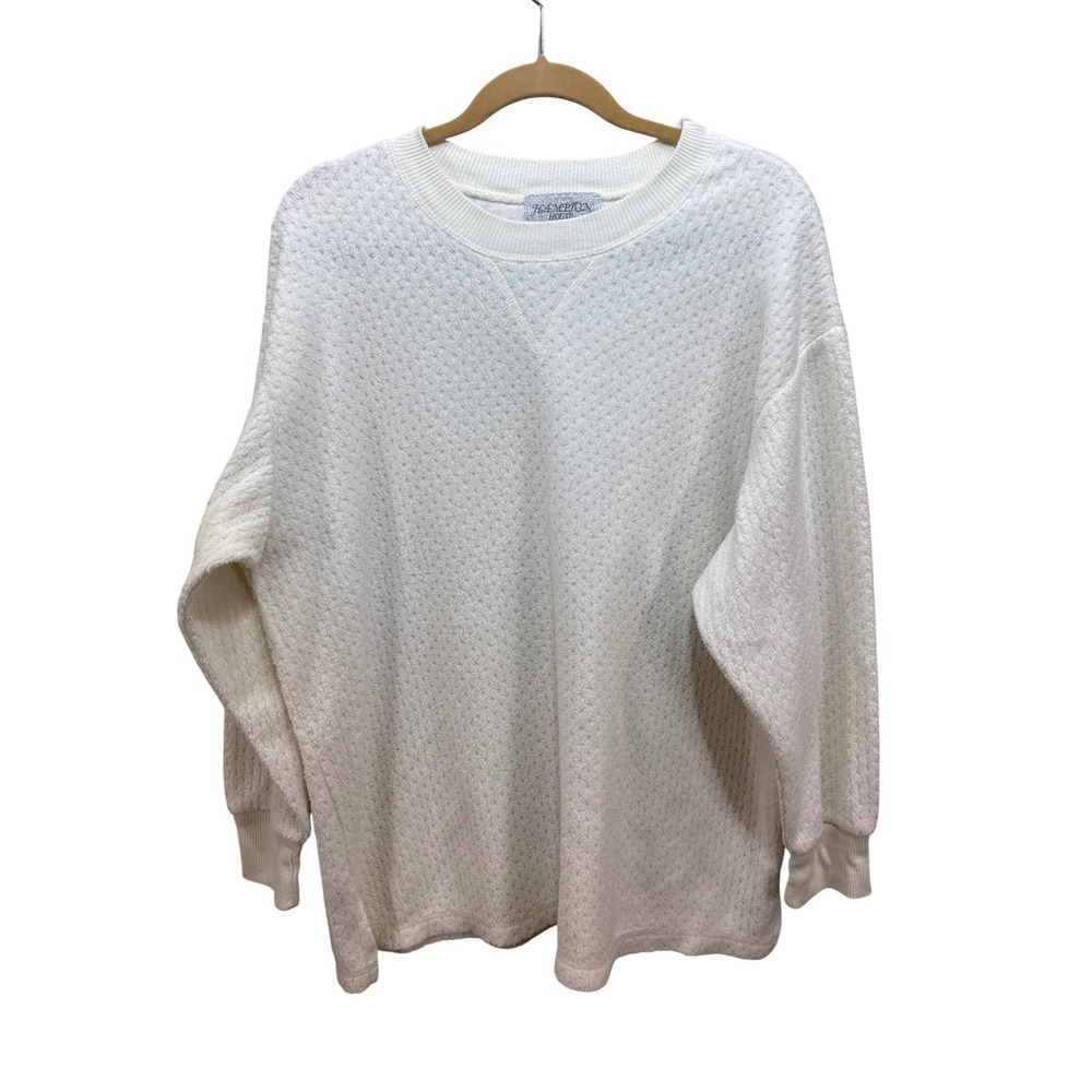 Hampton House Womens Cream Knit Oversized Crewneck Sweater Textured Long Sleeve